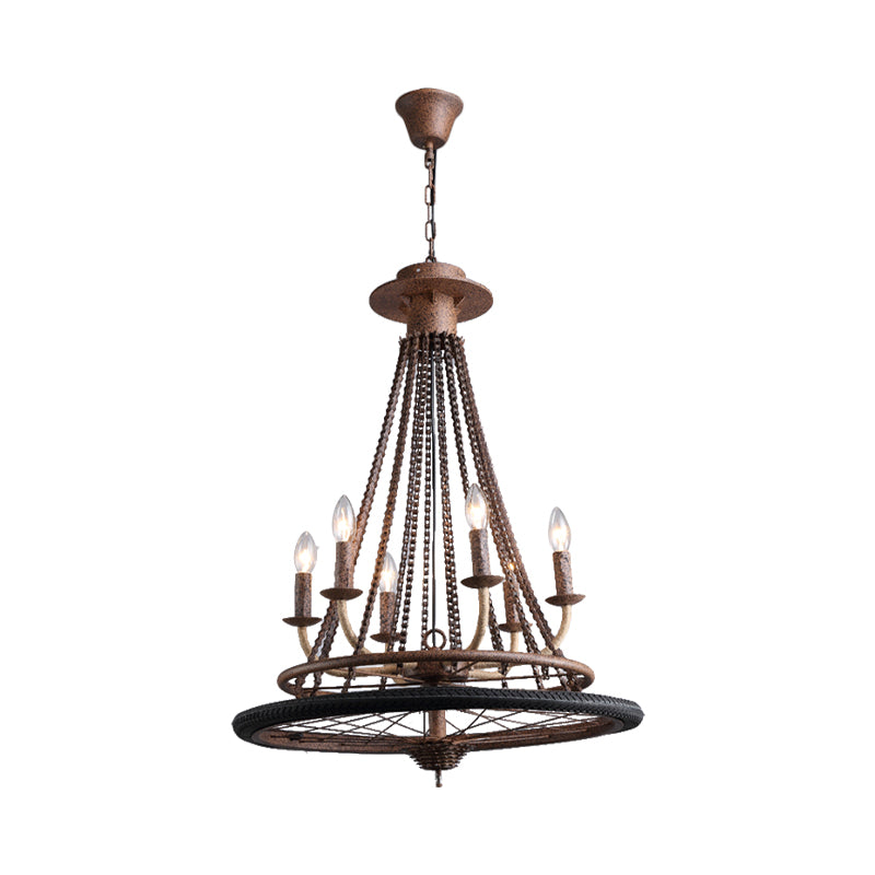 Rust Finish Wheel Chandelier Light Farmhouse Style Wrought Iron 6 Lights Indoor Ceiling Lamp with Candle and Chain