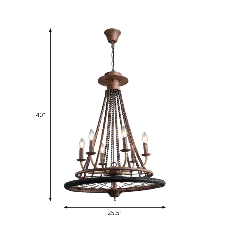 Rust Finish Wheel Chandelier Light Farmhouse Style Wrought Iron 6 Lights Indoor Ceiling Lamp with Candle and Chain