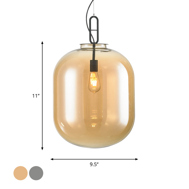 Black Ovale Ceiling Hang Light Modernism 1 Bulb Smoke Grey/Amber Glass Pendant Lighting Fixture, 9.5"/14"/17" W