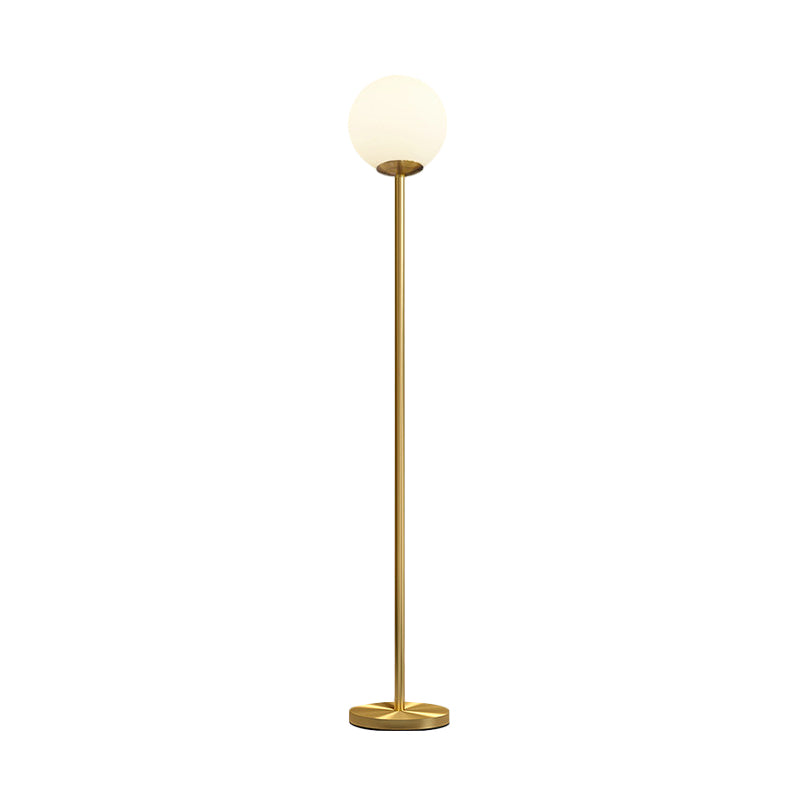 Minimalistic Ball Shade Floor Lamp White Glass 1 Head Living Room Standing Light with Upright Pole in Gold, 8"/10" Wide