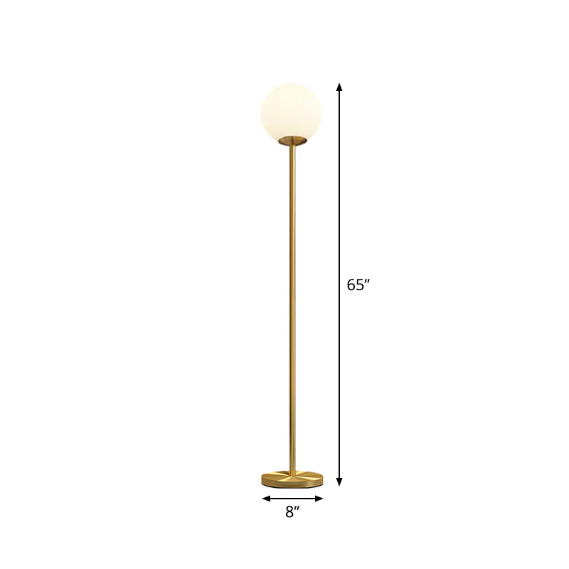 Lampada da pavimento a sfera minimalista a sfera vetro bianco 1 soggiorno in piedi leggero con palo verticale in oro, 8 "/10" di larghezza