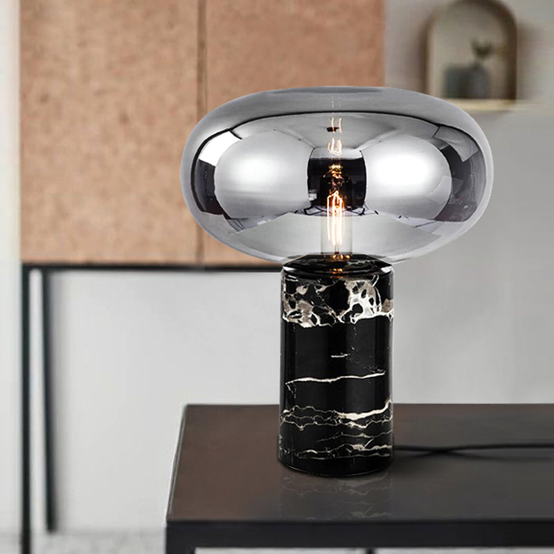 Ellipse Smoke Grey/Amber Glass Table Lamp Post-Modern 1-Light Black Nightstand Light with Cylindrical Marble Base