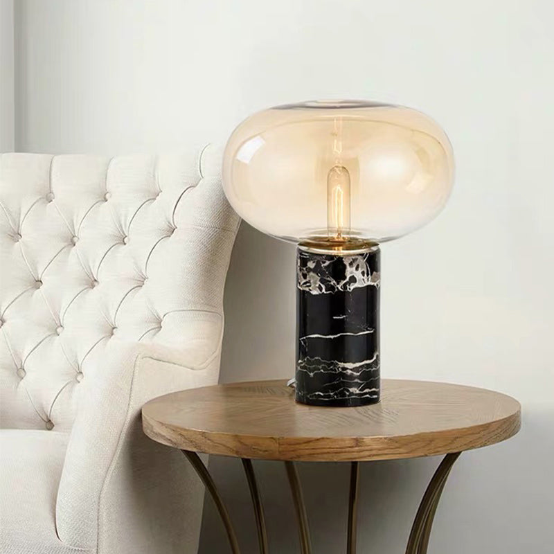 Ellipse Smoke Grey/Amber Glass Table Lamp Post-Modern 1-Light Black Nightstand Light with Cylindrical Marble Base