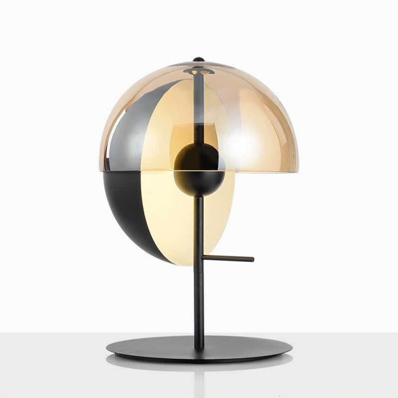 Cut Sphere Shaped Nightstand Lamp Mid-Century Amber Glass Single Black Table Lighting for Living Room