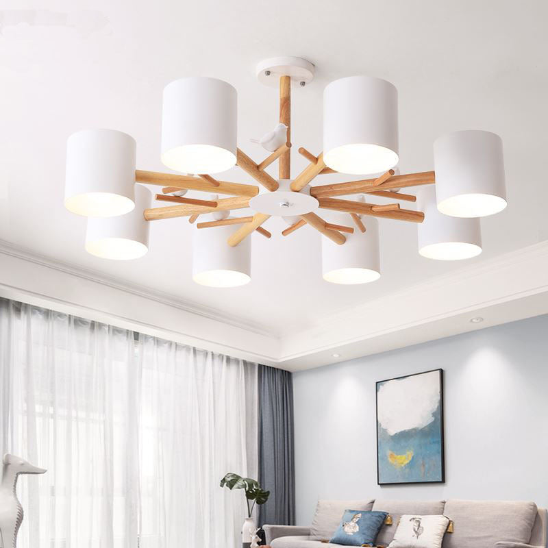 Wooden Branchlet Flush Chandelier Nordic 3/6/8 Heads White Semi Flush Ceiling Light with Ball Cream Glass/Cup Metal Shade