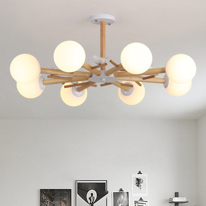 Wooden Branchlet Flush Chandelier Nordic 3/6/8 Heads White Semi Flush Ceiling Light with Ball Cream Glass/Cup Metal Shade