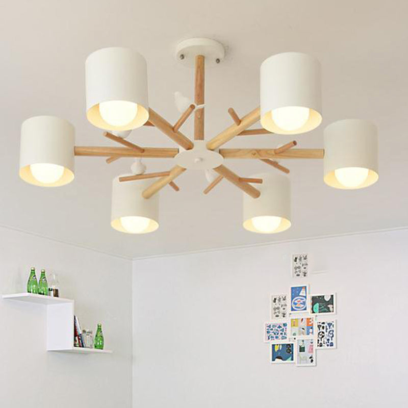 Wooden Branchlet Flush Chandelier Nordic 3/6/8 Heads White Semi Flush Ceiling Light with Ball Cream Glass/Cup Metal Shade