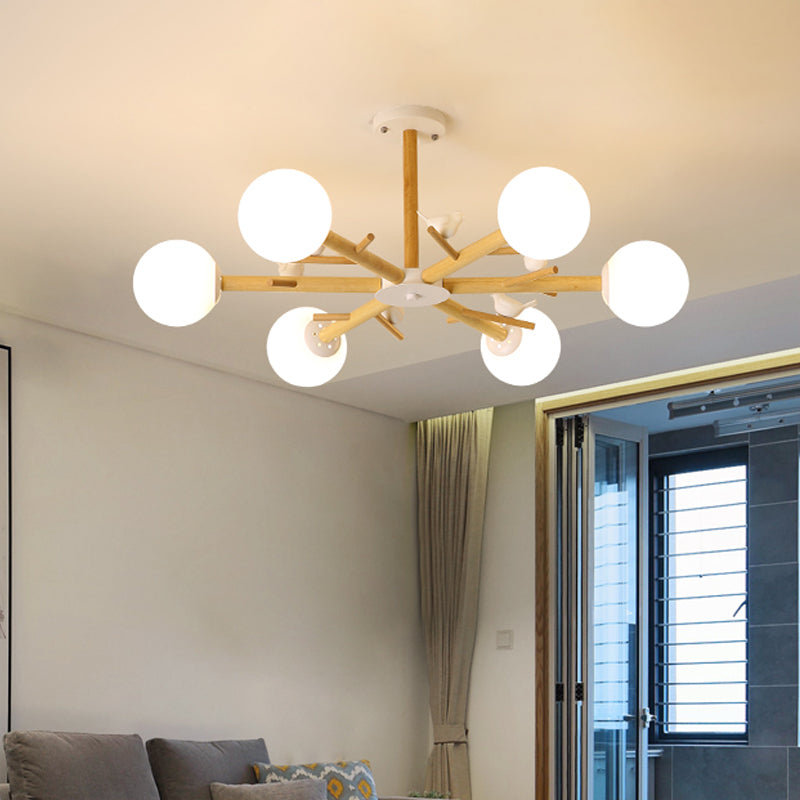 Wooden Branchlet Flush Chandelier Nordic 3/6/8 Heads White Semi Flush Ceiling Light with Ball Cream Glass/Cup Metal Shade