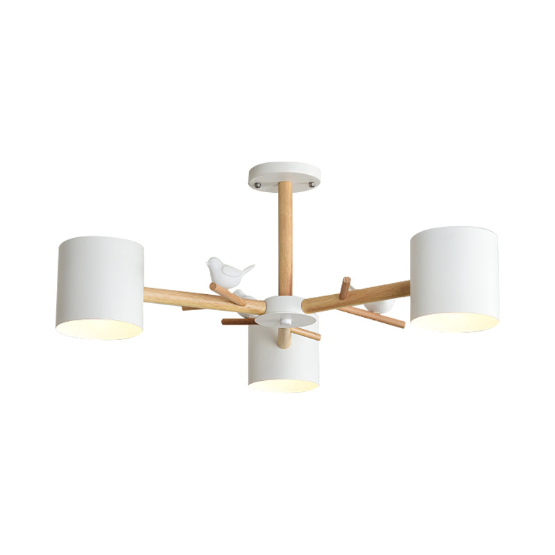 Wooden Branchlet Flush Chandelier Nordic 3/6/8 Heads White Semi Flush Ceiling Light with Ball Cream Glass/Cup Metal Shade