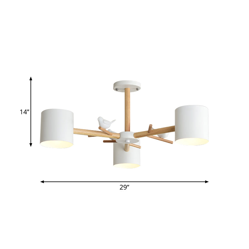 Wooden Branchlet Flush Chandelier Nordic 3/6/8 Heads White Semi Flush Ceiling Light with Ball Cream Glass/Cup Metal Shade