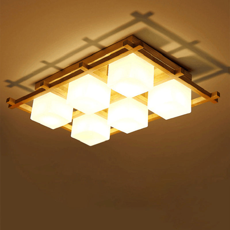 Wood Grid Semi Flush Mount Lamp Modern 4/6/9-Head Beige Ceiling Light with Square Milk Glass Shade