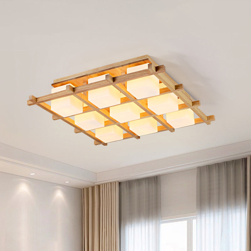 Wood Grid Semi Flush Mount Lamp Modern 4/6/9-Head Beige Ceiling Light with Square Milk Glass Shade