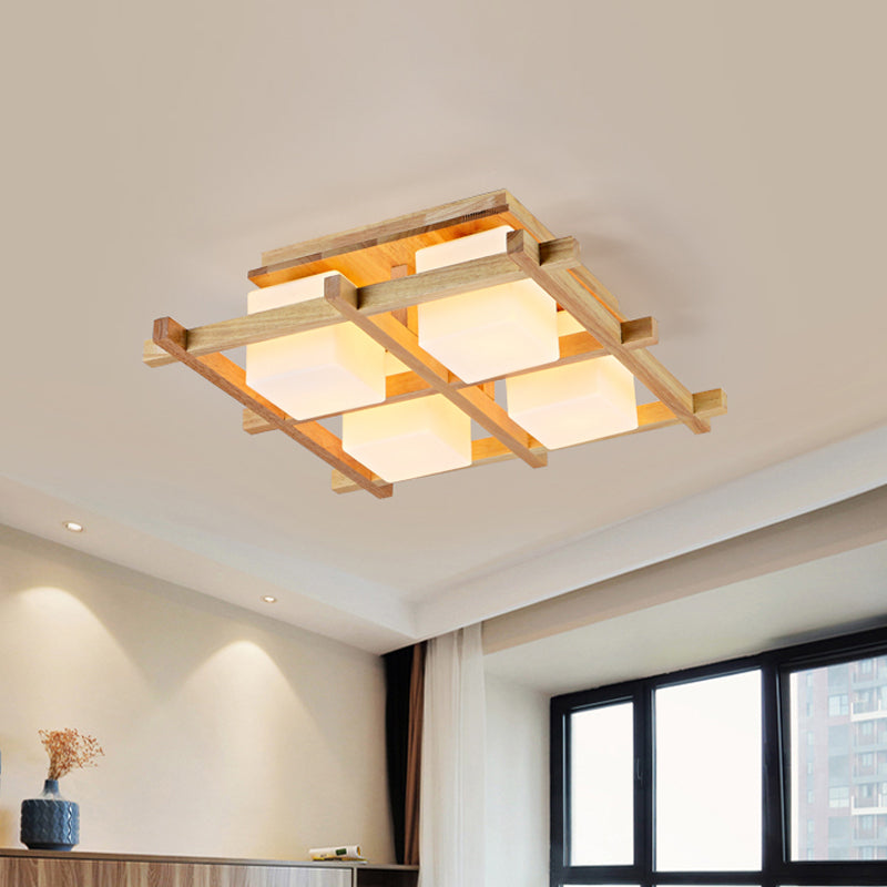 Wood Grid Semi Flush Mount Lamp Modern 4/6/9-Head Beige Ceiling Light with Square Milk Glass Shade