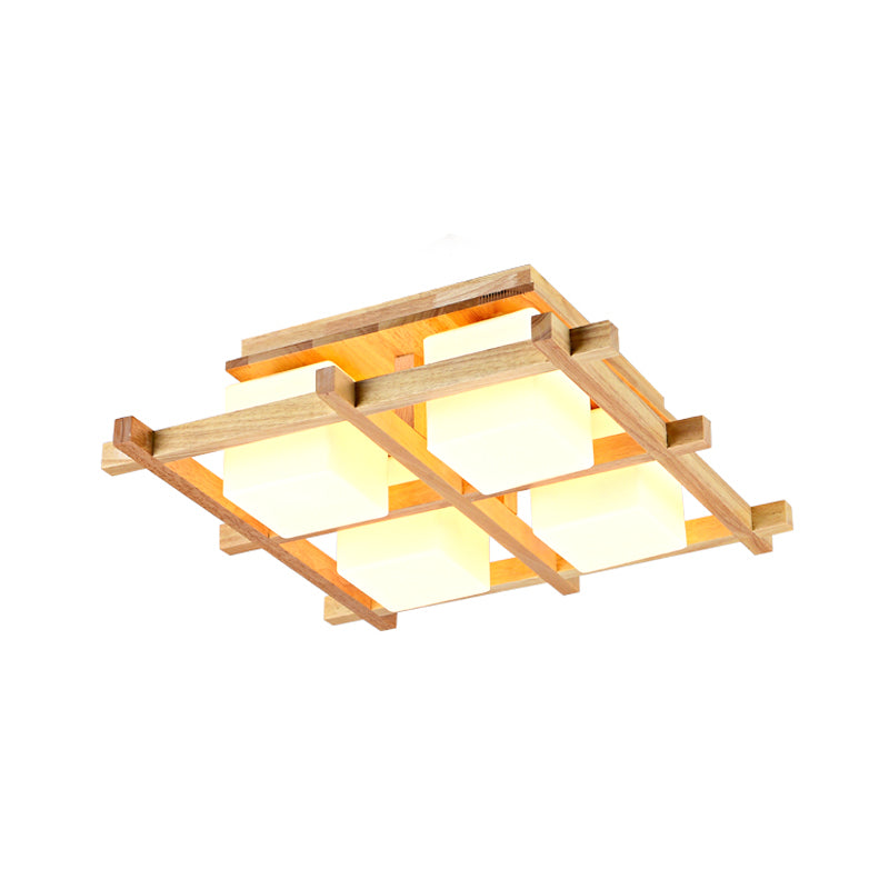 Wood Grid Semi Flush Mount Lamp Modern 4/6/9-Head Beige Ceiling Light with Square Milk Glass Shade