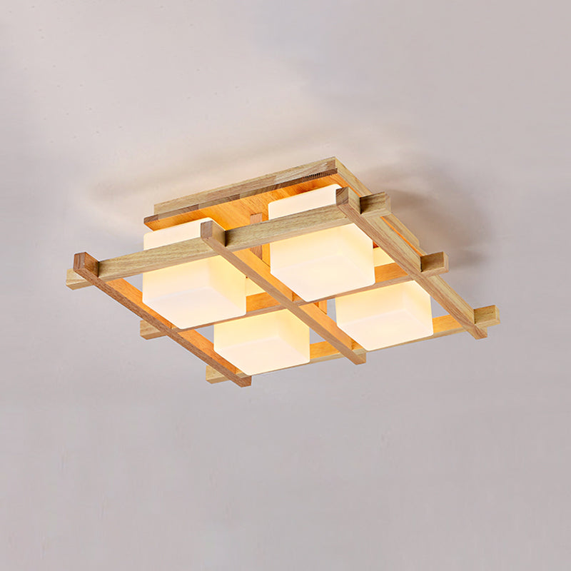 Wood Grid Semi Flush Mount Lamp Modern 4/6/9-Head Beige Ceiling Light with Square Milk Glass Shade