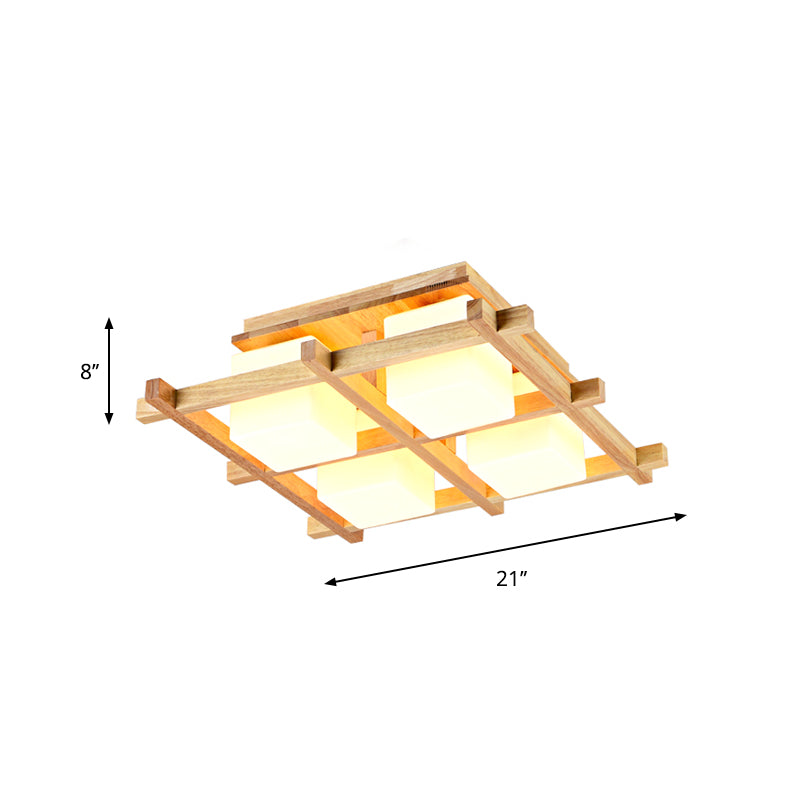 Wood Grid Semi Flush Mount Lamp Modern 4/6/9-Head Beige Ceiling Light with Square Milk Glass Shade