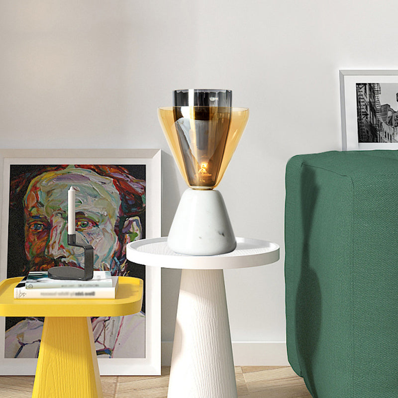 Inverted Double Conical Table Lamp Post-Modern Amber and Smoke Grey Glass Single Living Room Night Light in White