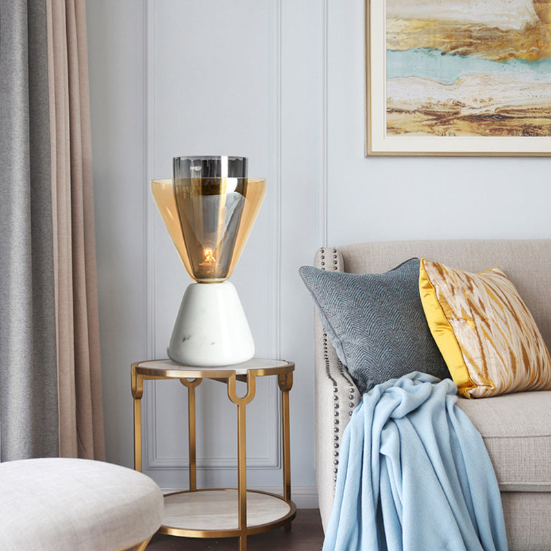 Inverted Double Conical Table Lamp Post-Modern Amber and Smoke Grey Glass Single Living Room Night Light in White