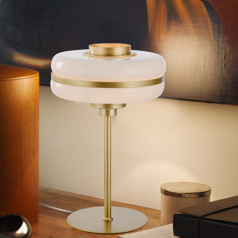 Postmodern Single-Bulb Night Lamp Gold Cylinder/Ball/Tapered Plug-in Table Light with Frosted White/Clear Glass Shade