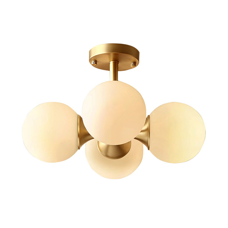 Ball Kitchen Ceiling Mount Light Opaline Glass 4 Bulbs Postmodern Semi Flush Light Fixture in Gold