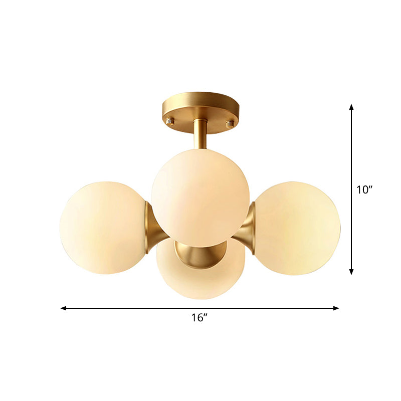 Ball Kitchen Ceiling Mount Light Opaline Glass 4 Bulbs Postmodern Semi Flush Light Fixture in Gold