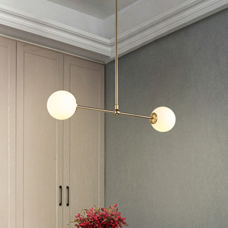 Minimalist Bar Shaped Pendant Light Metallic 2 Lights Postmodern Chandelier in Gold with Orb White Glass Shade