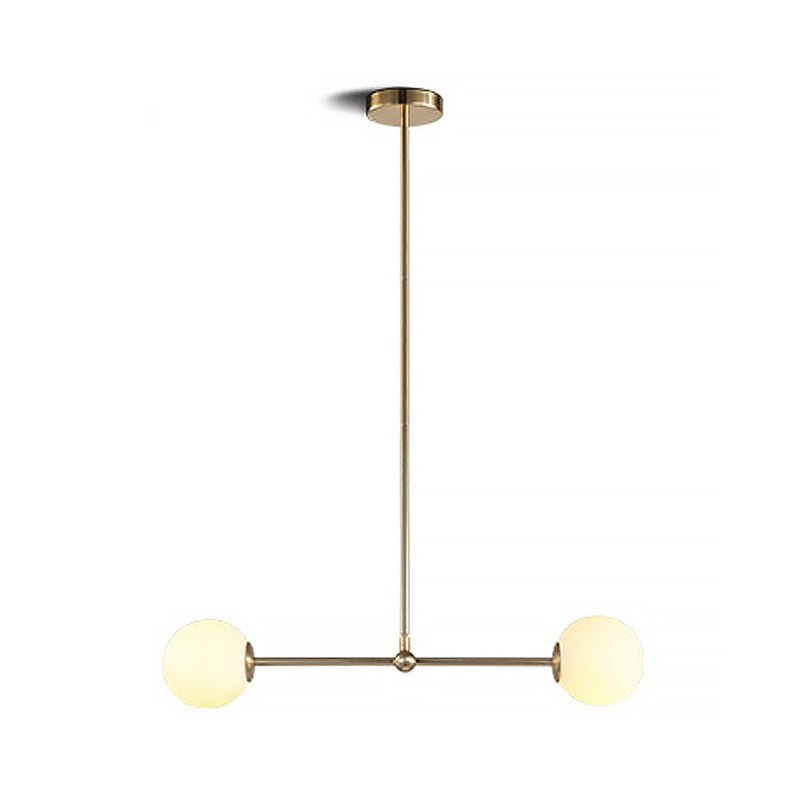 Minimalist Bar Shaped Pendant Light Metallic 2 Lights Postmodern Chandelier in Gold with Orb White Glass Shade