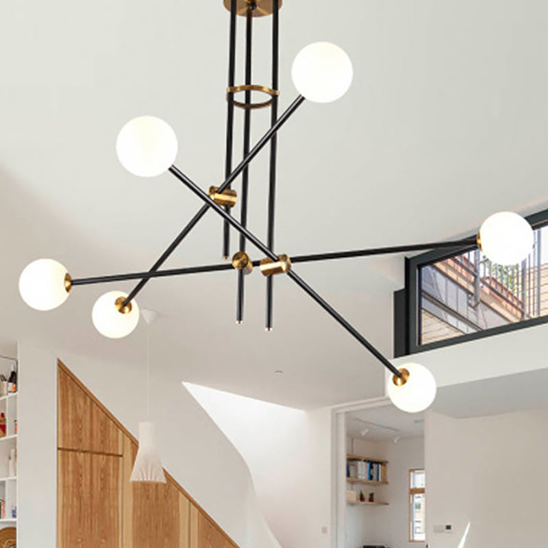 Black 3-Arm Chandelier Light Postmodern 6 Bulbs Metal Ceiling Pendant with Ball Milky Glass Shade