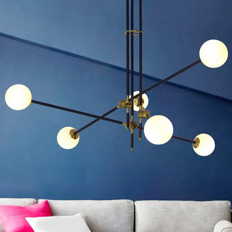 Black 3-Arm Chandelier Light Postmodern 6 Bulbs Metal Ceiling Pendant with Ball Milky Glass Shade