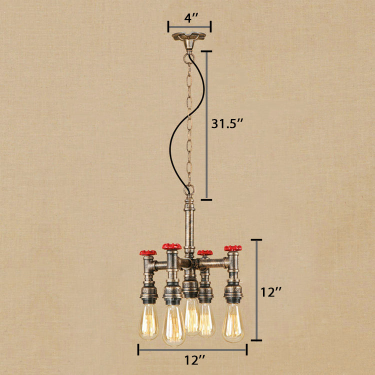 Steampunk Open Bulb Chandelier Lighting with Pipe and Valve 5-Light Iron Hanging Ceiling Fixture in Antique Silver/Bronze