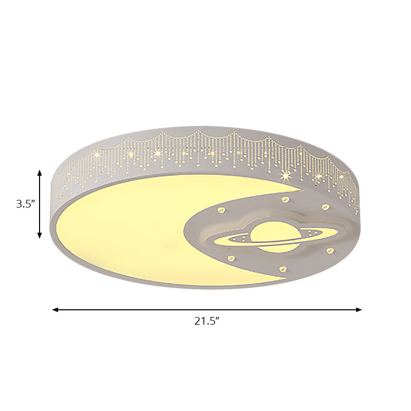Runde Kinderzimmer-Deckenleuchte mit Mond und Planeten, kreative Unterputzleuchte aus Metall in Weiß