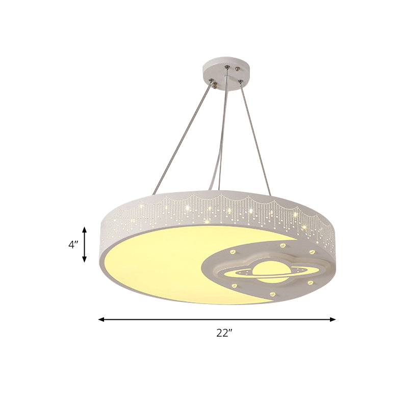 Metal Round Pendant Light with Moon and Planet Living Room Kids Chandelier in White