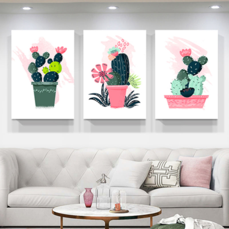 Bonsai Potted Cactus Art Print Nordic Canvas Wall Decor in Pink for Sitting Room