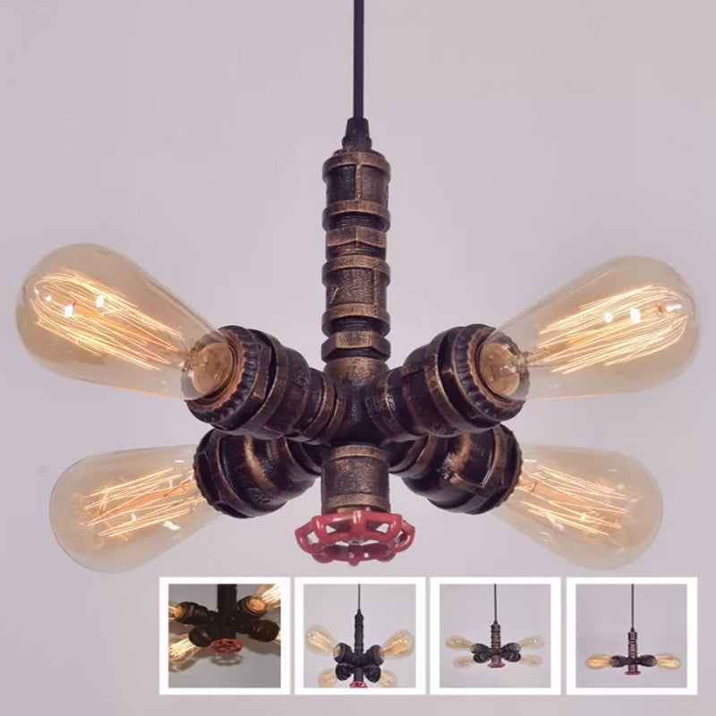 Radial Design Piping Metal Pendant Chandelier Warehouse 4-Light Living Room Drop Lamp in Bronze/Black