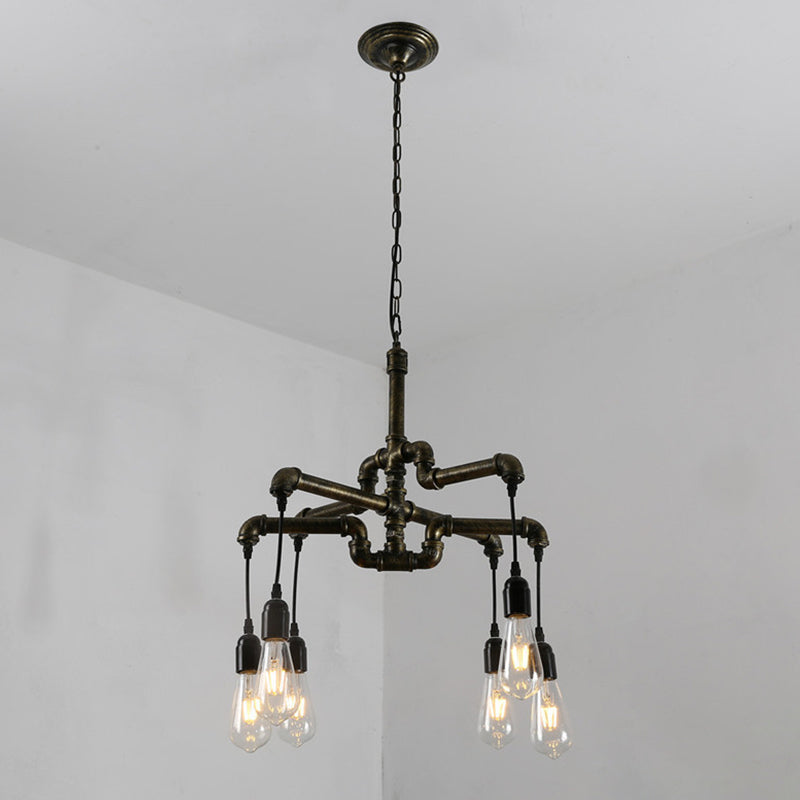 Bronze 2-Layer Water Pipe Chandelier Industrial Iron 4/6 Heads Dining Room Hanging Ceiling Light