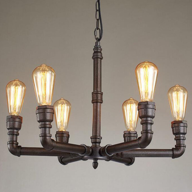 Metal Black Chandelier Lamp Piping 3/6 Bulbs Steampunk Up Pendant Ceiling Light for Bistro