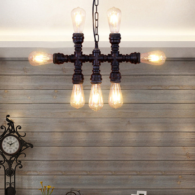 Black 7-Head Chandelier Light Industrial-Style Wrought Iron Plumbing Pipe Pendant Light Fixture