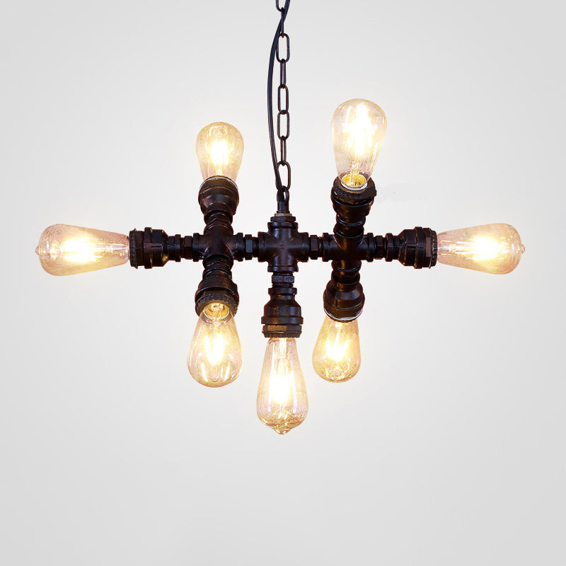 Black 7-Head Chandelier Light Industrial-Style Wrought Iron Plumbing Pipe Pendant Light Fixture