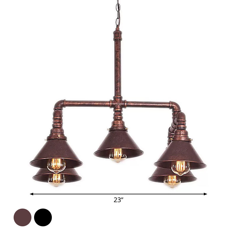 5-Light Chandelier Industrial Living Room Hanging Light with Conic Metal Shade in Black/Copper