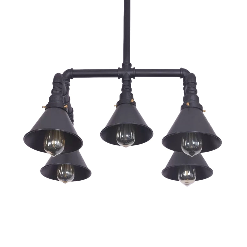 5-Light Chandelier Industrial Living Room Hanging Light with Conic Metal Shade in Black/Copper