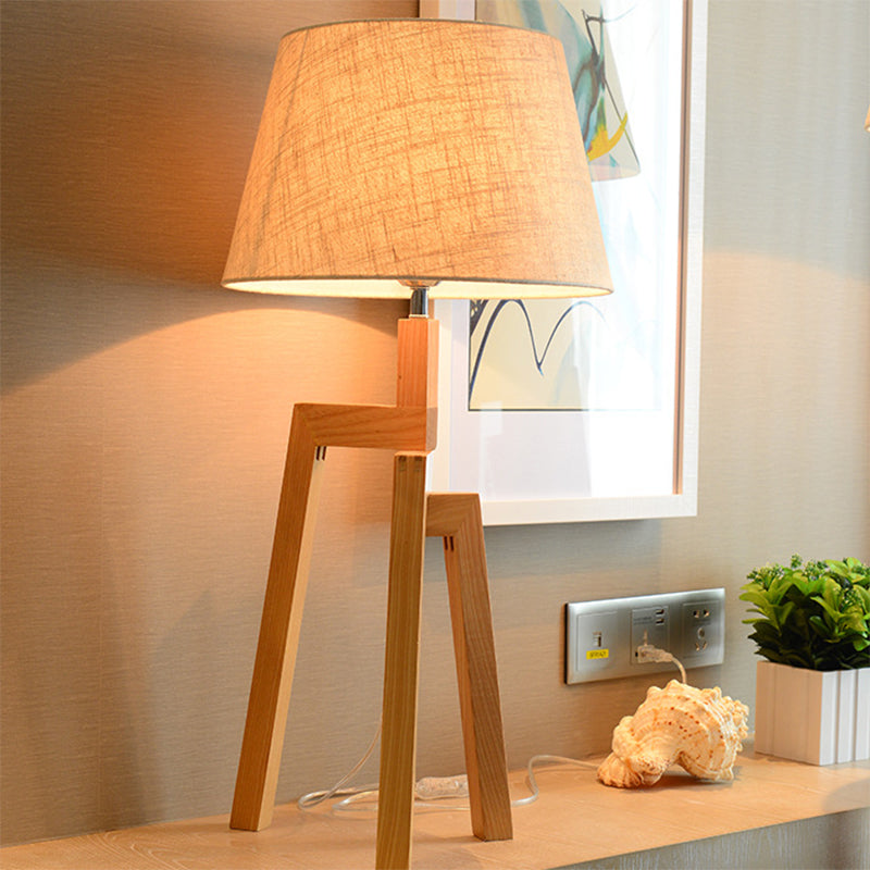 Tri-Leg Wooden Table Lamp Contemporary 1 Bulb Beige Nightstand Light with Empire Shade