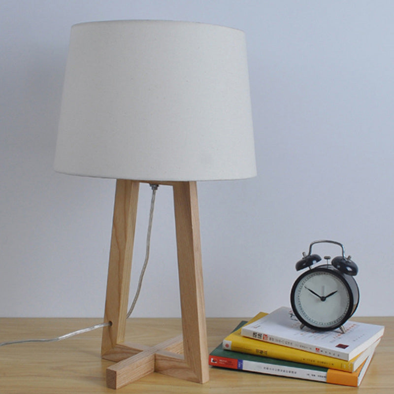 Drum Night Table Light Minimalism Fabric 1-Head Wood 2-Legged Nightstand Lamp for Kids Room