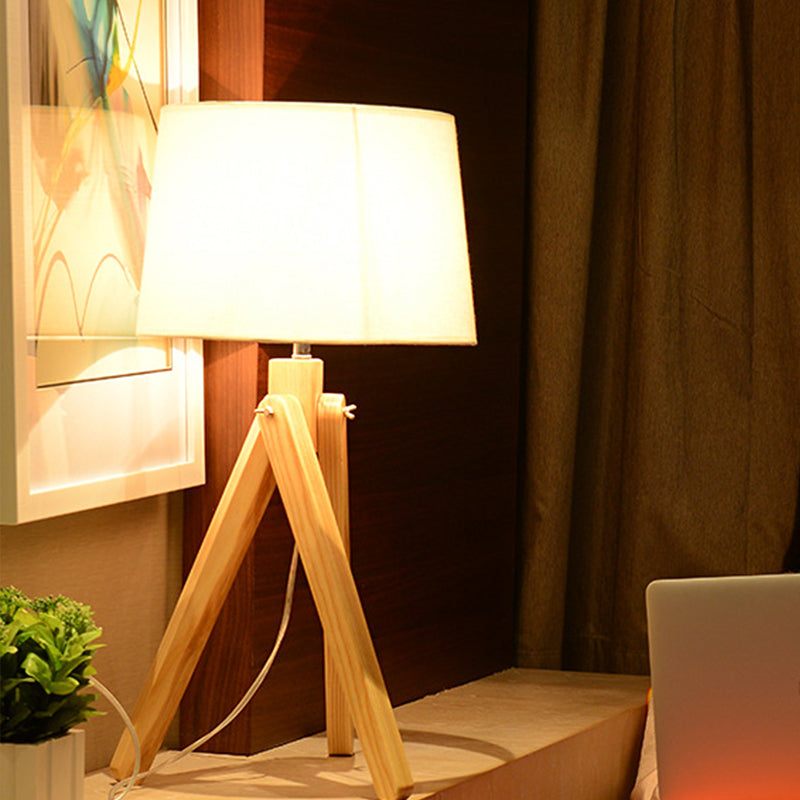 White Tapered Shade Night Lamp Nordic 1 Head Fabric Table Lighting with Wood Telescope Stand