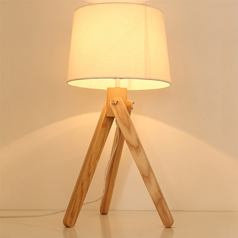 White Tapered Shade Night Lamp Nordic 1 Head Fabric Table Lighting with Wood Telescope Stand