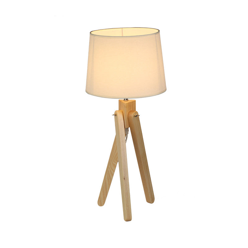 White Tapered Shade Night Lamp Nordic 1 Head Fabric Table Lighting with Wood Telescope Stand