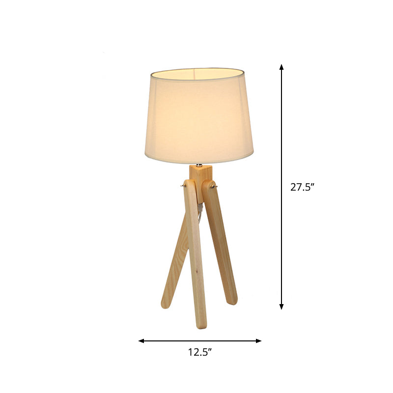 White Tapered Shade Night Lamp Nordic 1 Head Fabric Table Lighting with Wood Telescope Stand