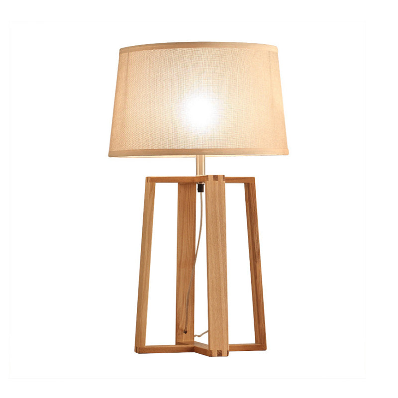 Lampe de table à tambour effilée tissu contemporain 1 ampoule Lumière de nuit en bois avec base trapézoïdale