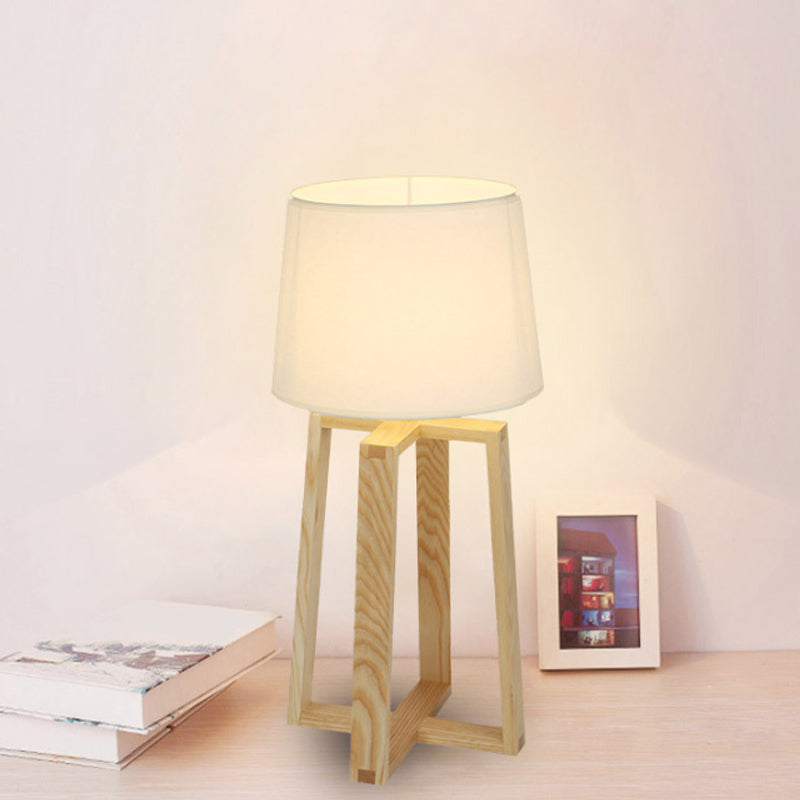 Beige Trapezoid Nightstand Light Modern 1 Light Wood Table Lamp with Tapered Fabric Shade