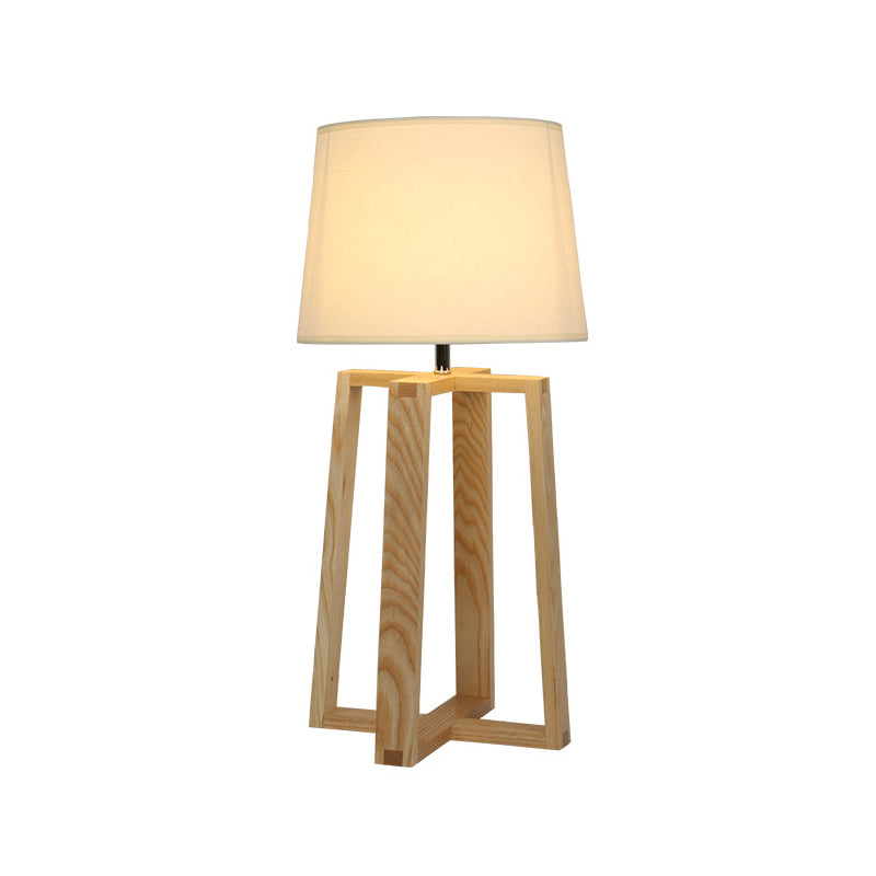 Beige Trapezoid Nightstand Light Modern 1 Light Wood Table Lamp with Tapered Fabric Shade