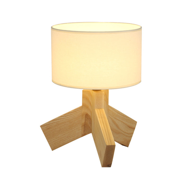 Drum Fabric Table Light Nordic Single Bulb Wood 3-Leg Night Stand Lamp for Bedroom